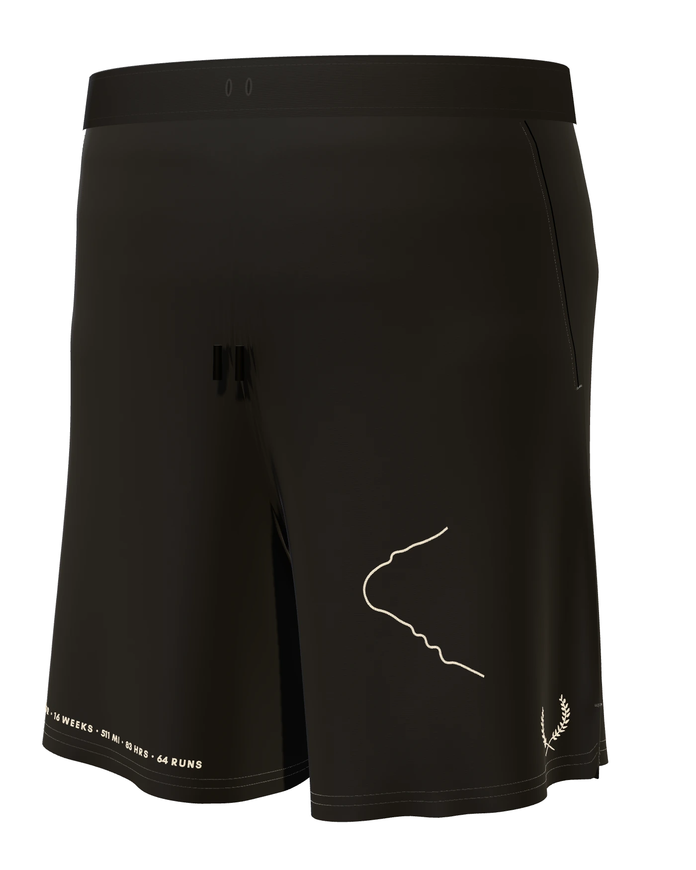 Render of the Laurels short in black with the embroidered course, stats line and laurel